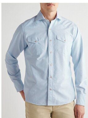 Sid Mashburn Striped Cotton Oxford Western Shirt - Blue Men's Medium $225